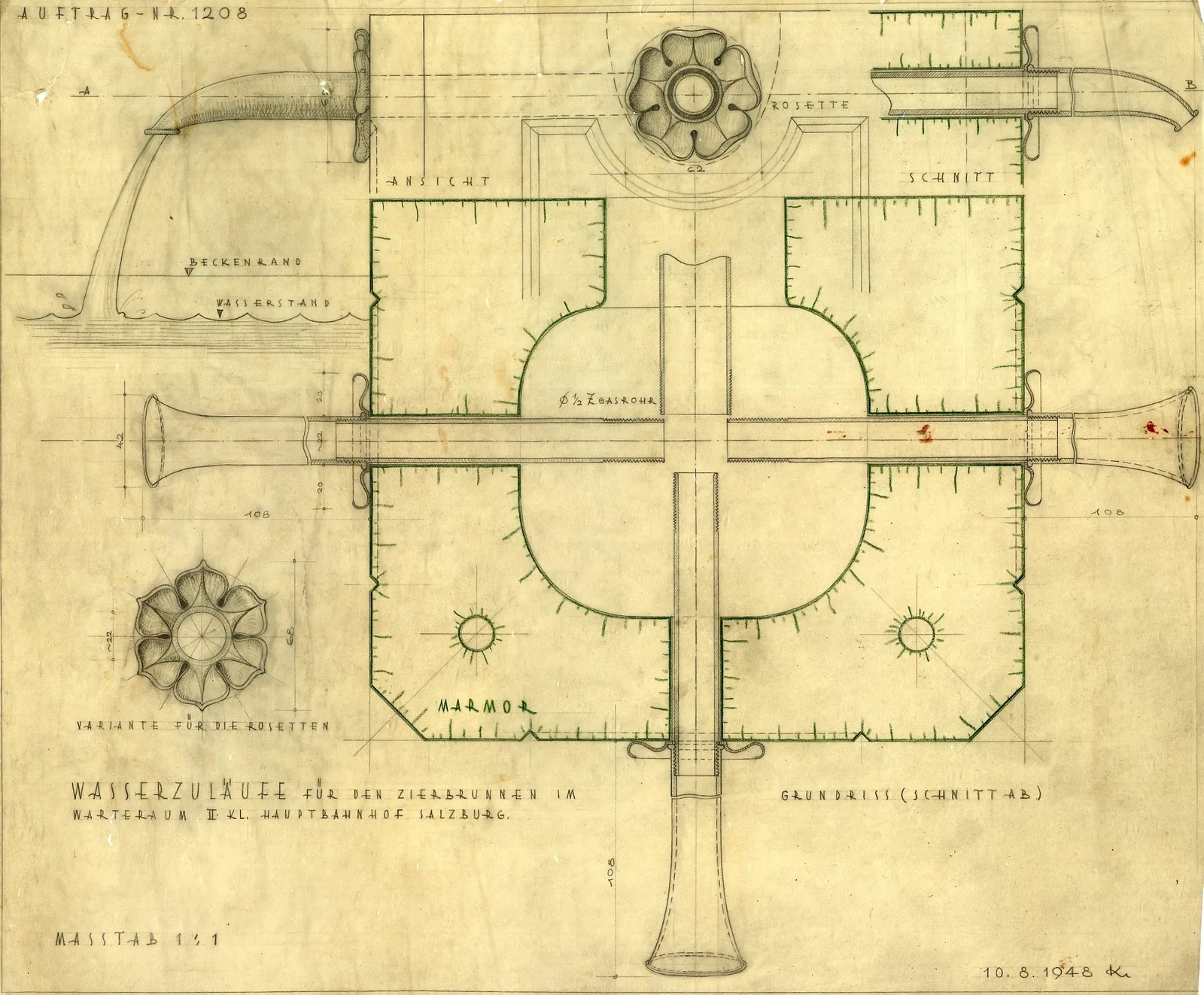 Vergilbter technischer Originalplan des Marmorsaals mit Grundriss, Ansichten und Vasen