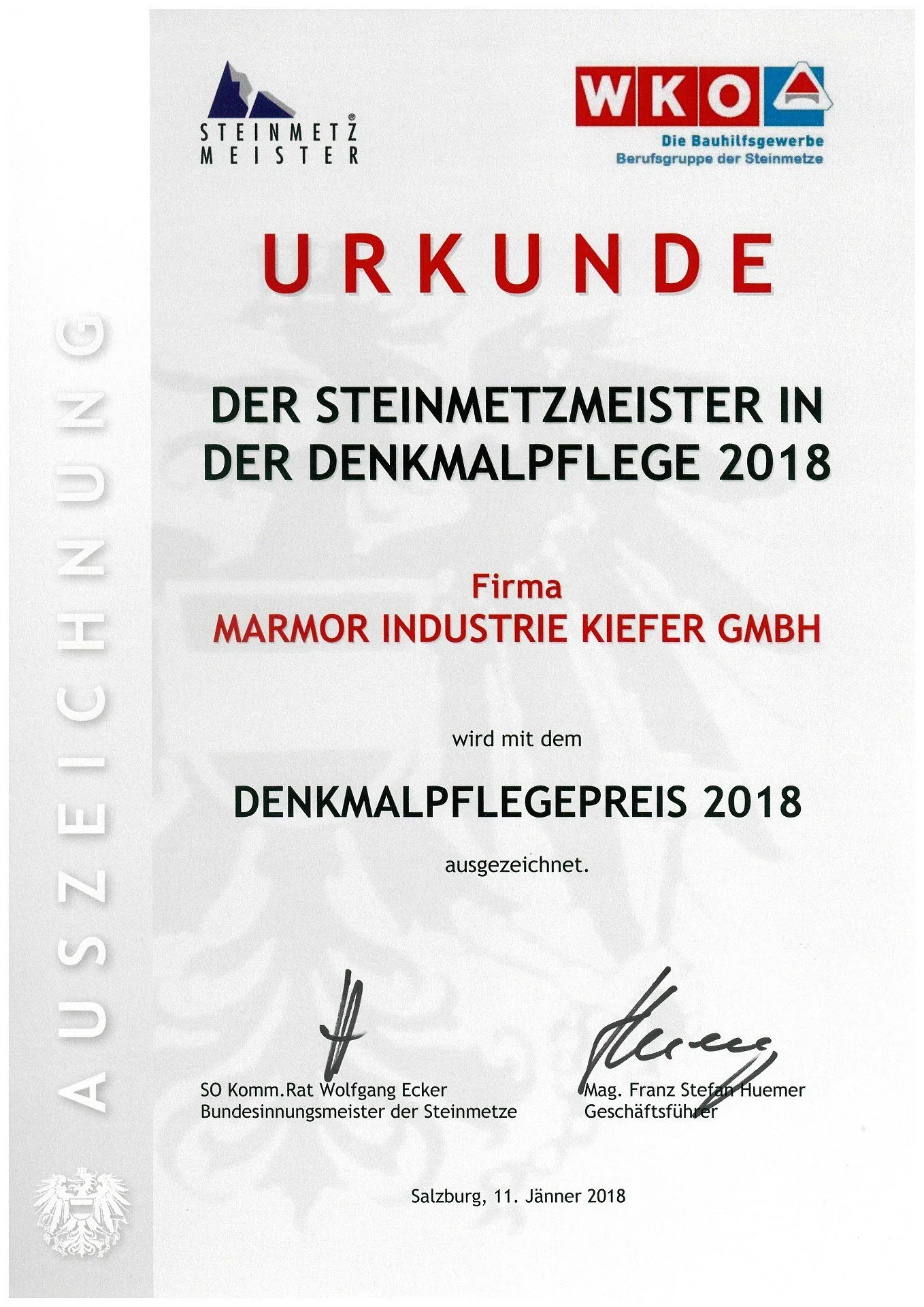 Urkunde Denkmalpflegepreis 2018, Der Steinmetzmeister in der Denkmalpflege, für die Firma Marmor Industrie Kiefer GmbH, Salzburg, 11. Jänner 2018