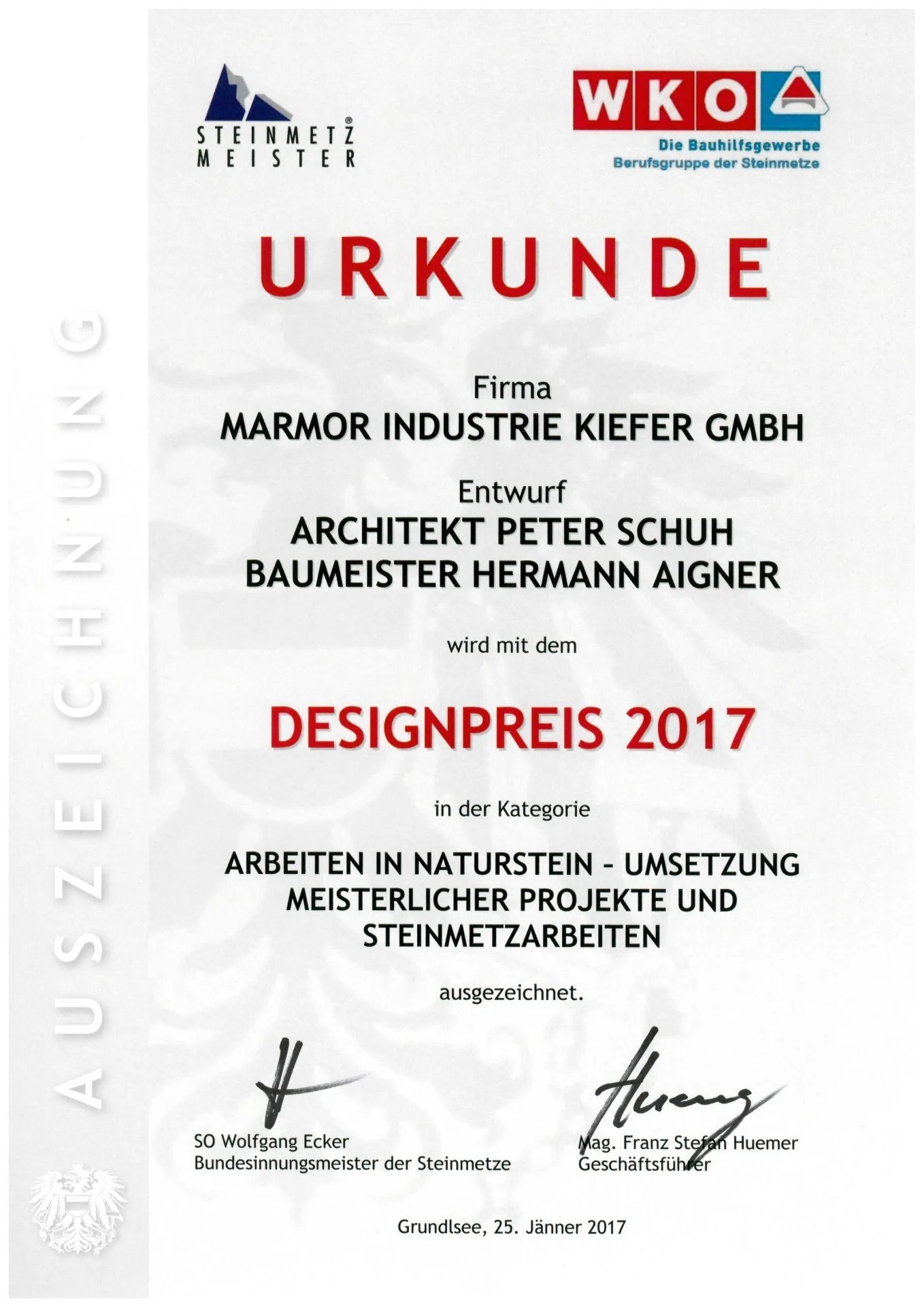 Urkunde Designpreis 2017 der Bundesinnung der Steinmetze für die Firma Marmor Industrie Kiefer GmbH, Grundlsee, 25. Jänner 2017